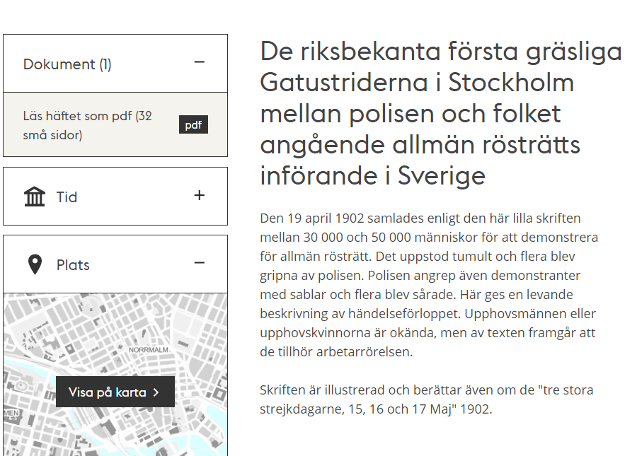 Text describing a historical primary source in Stockholmskällan.